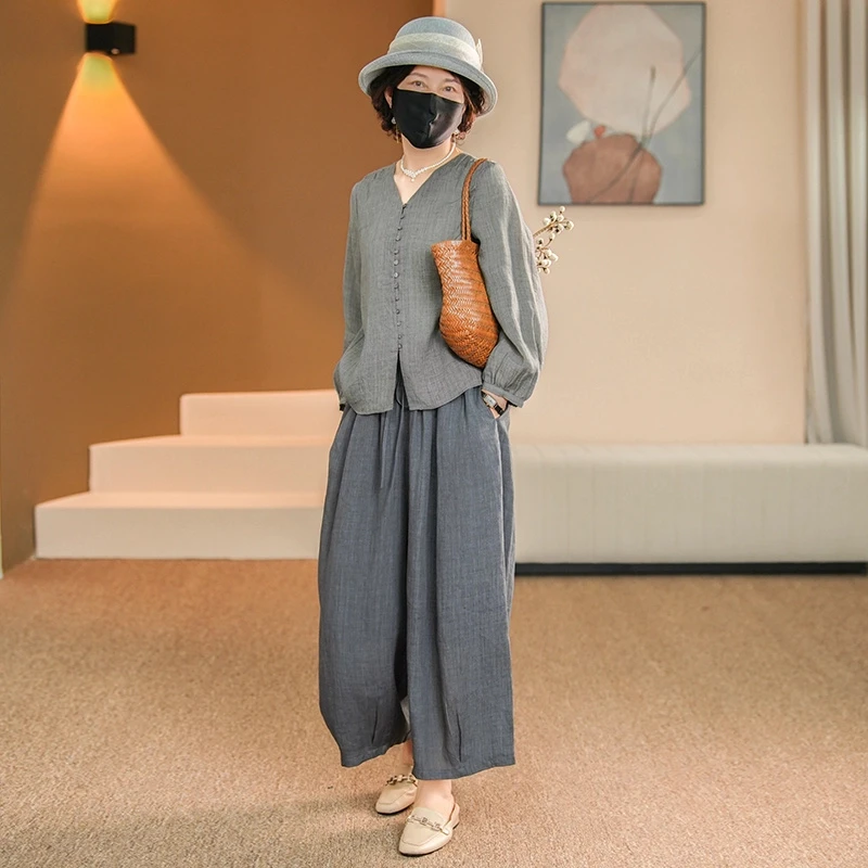 文艺复古棉麻套装女款爆款2025新款妈妈气质洋气宽松阔腿裤两件套