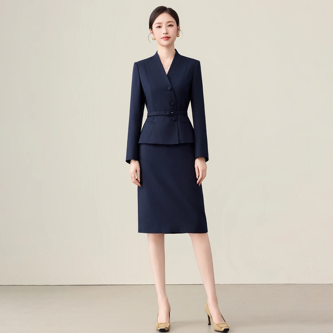 钟老板2025秋季新款藏青色气质通勤收腰显瘦职业西装半身裙套装女