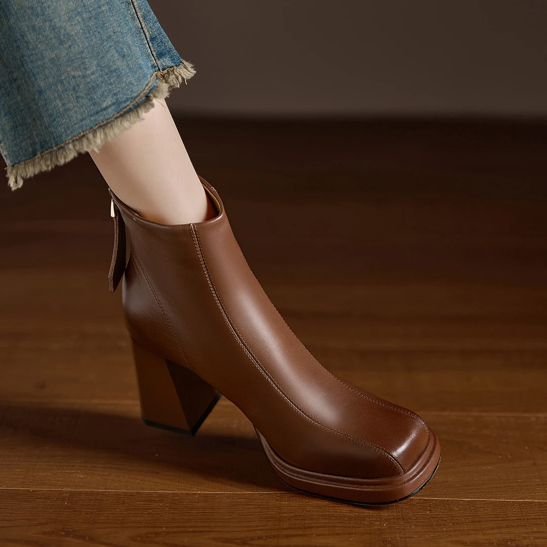 小个子久穿不累脚防水台高跟短靴方头粗跟马丁靴真皮棕色切尔西靴