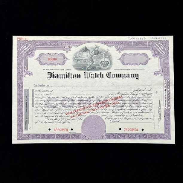 汉密尔顿手表公司股票，原版美钞厂档案标本