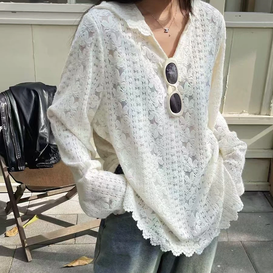 早春新款小众蕾丝花边连帽小衫休闲时尚通勤长袖上衣打底衫法式女