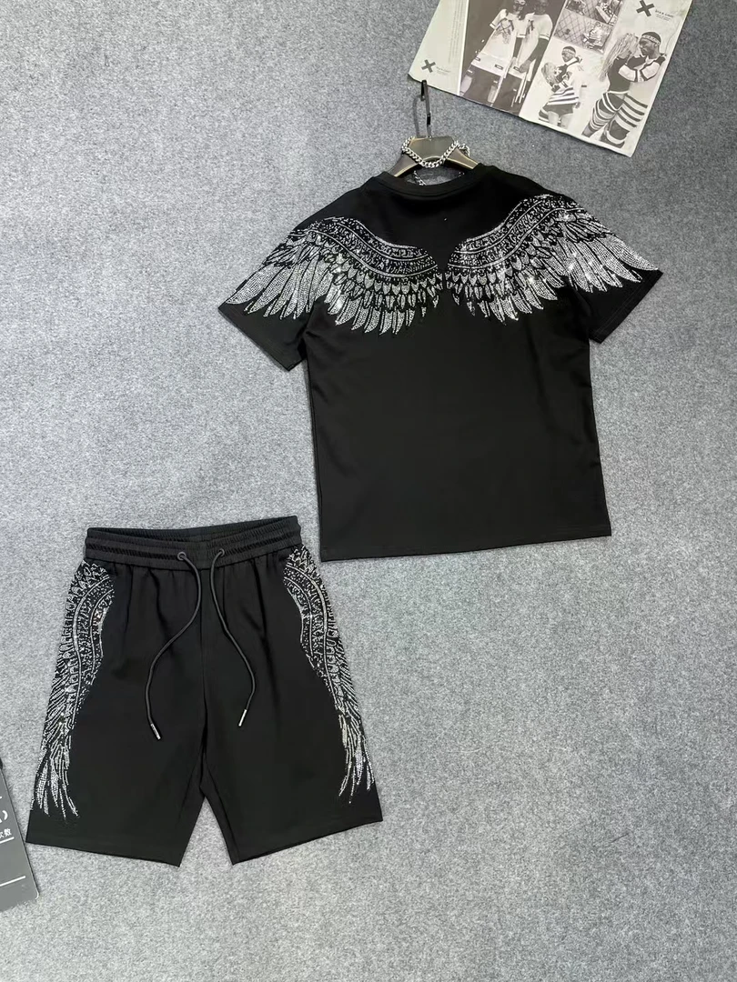 潮流潮牌重工十字架半袖满钻短袖黑色圆领时尚百搭情侣套装夏季