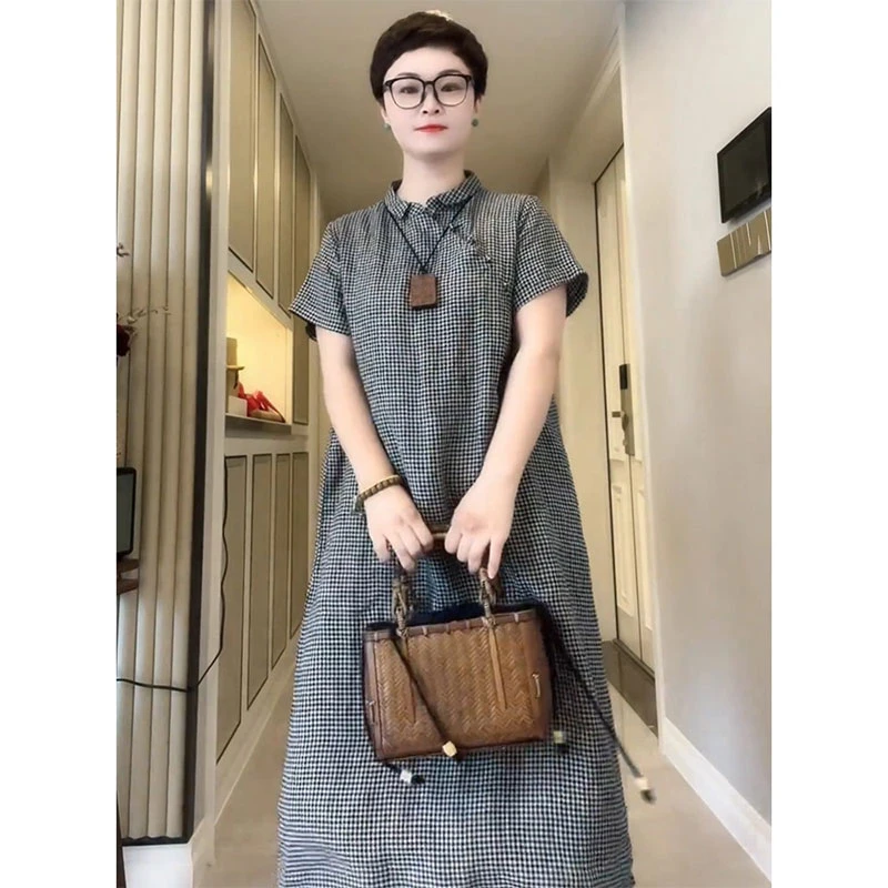 日系休闲宽松翻领格子连衣裙欧洲站2025夏季新款洋气短袖中长裙潮