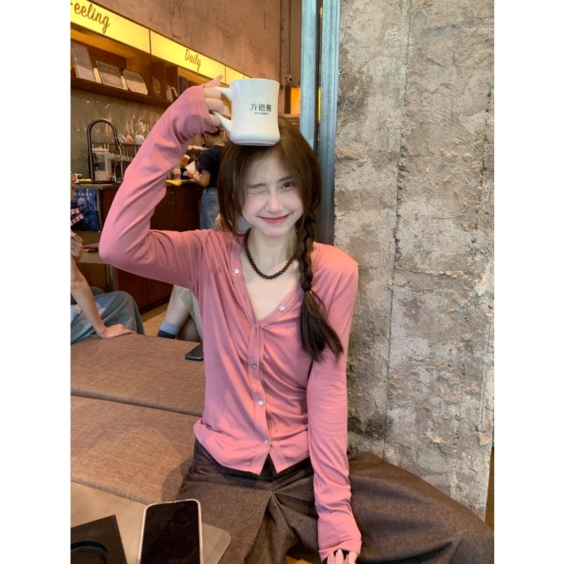 早秋韩版百搭修身V领气质收腰开衫上衣复古高腰垂感休闲长裤套装