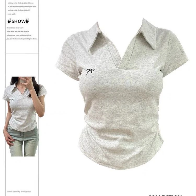 大码胖mm纯欲辣妹蝴蝶结刺绣polo领T恤女夏修身显瘦短袖上衣ins潮