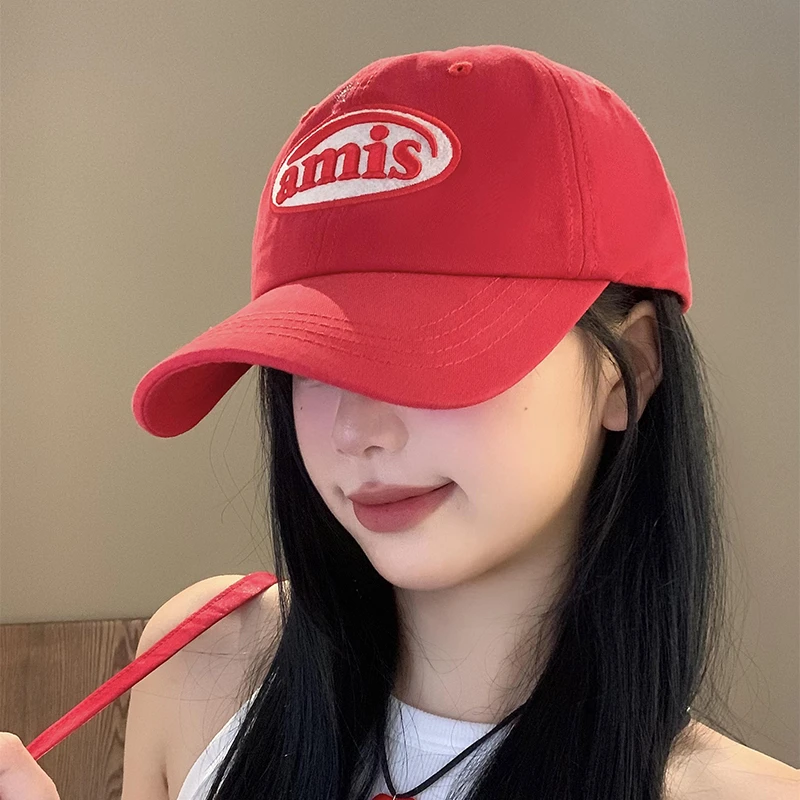 韩版ins红色字母棒球帽女百搭显脸小鸭舌帽大头围宽帽檐软顶帽子