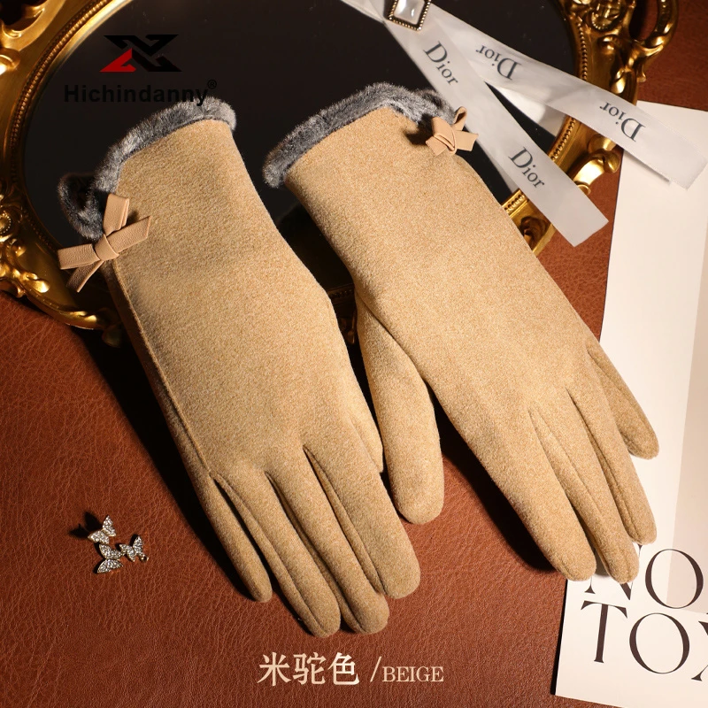 HICHIN优雅蝴蝶结女士保暖手套冬季中长款护手腕食指可触屏手套