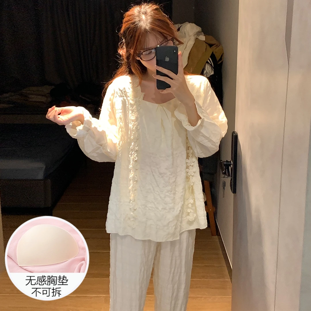 睡衣女秋冬季长袖云朵棉大码2025新款带胸垫家居服可外穿杏色套装