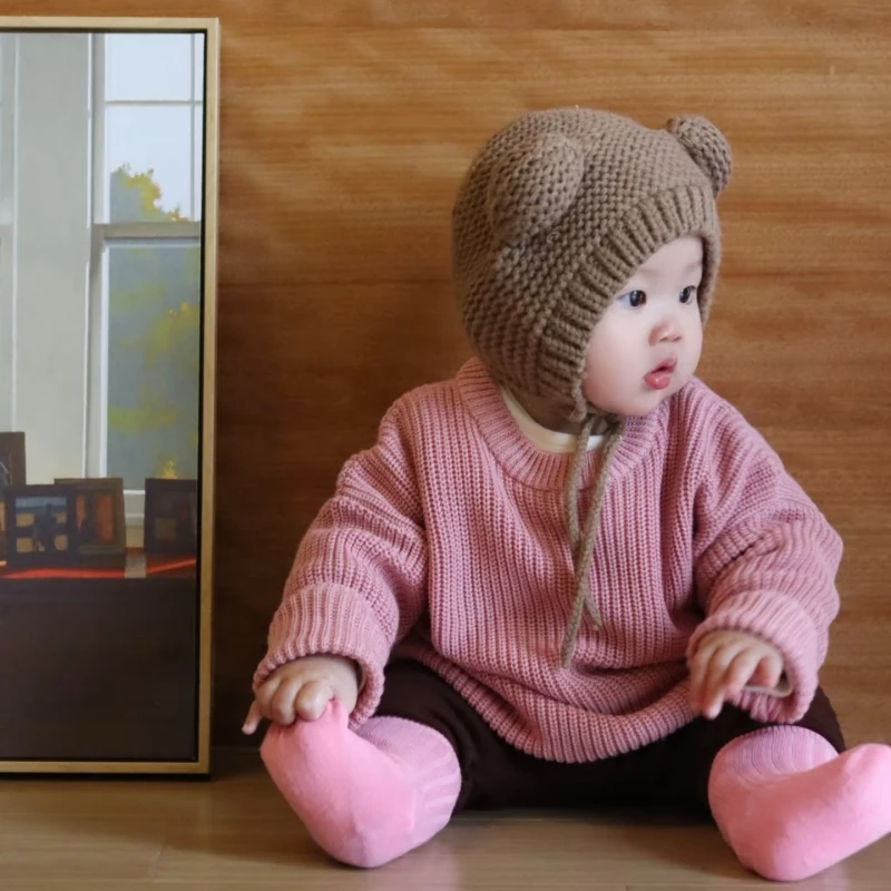 女童百搭毛衣 2024秋冬季纯色宝宝毛衣婴儿套头打底衫举重裤烟粉