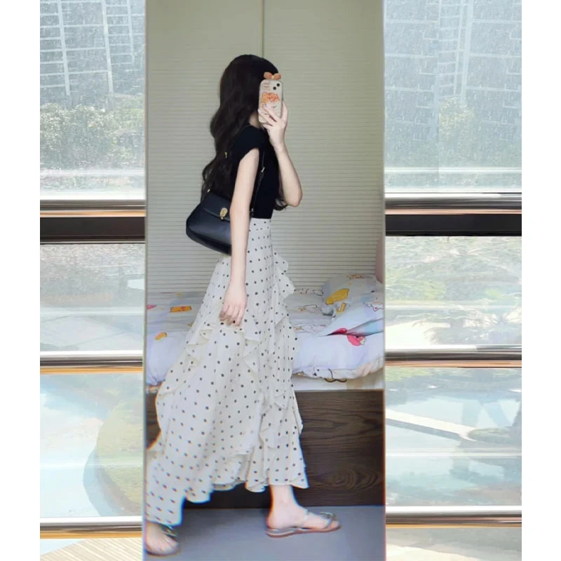 夏装搭配一整套女时尚韩系设计感小众荷叶边波点半身长裙子两件套