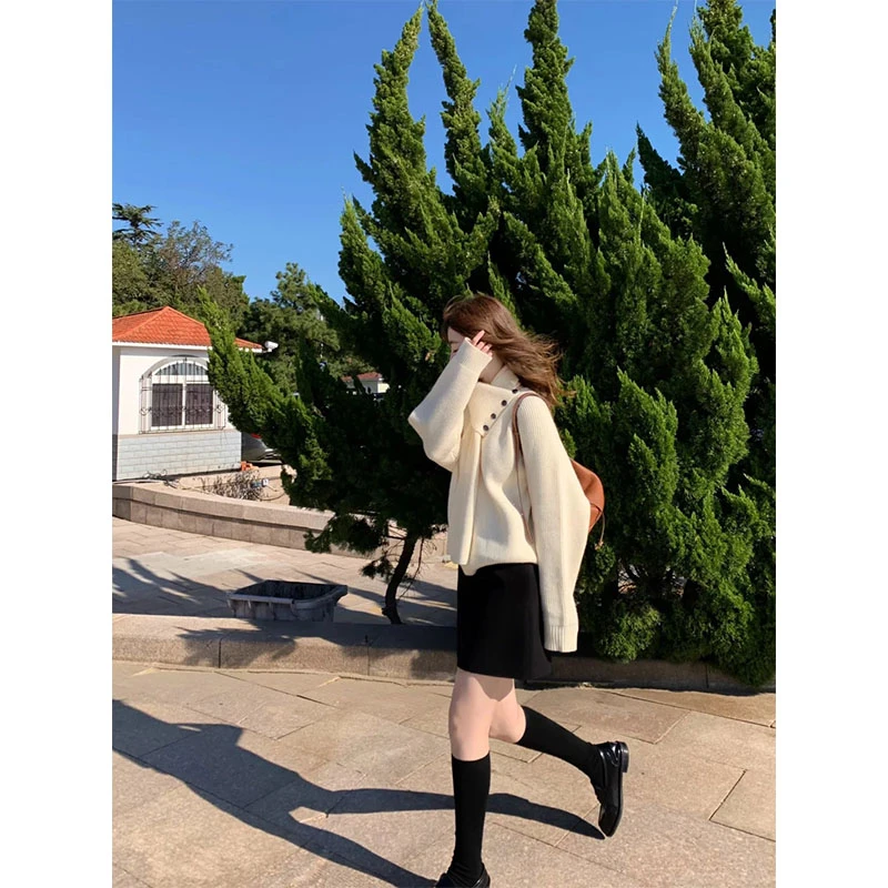 秋冬新款修身显瘦百搭时尚宽松上衣时尚气质高腰A字半身裙套装女