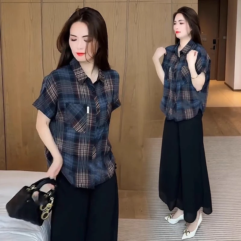 复古港味冰丝格子衬衫女2025夏季新款宽松显瘦遮肉减龄休闲上衣服
