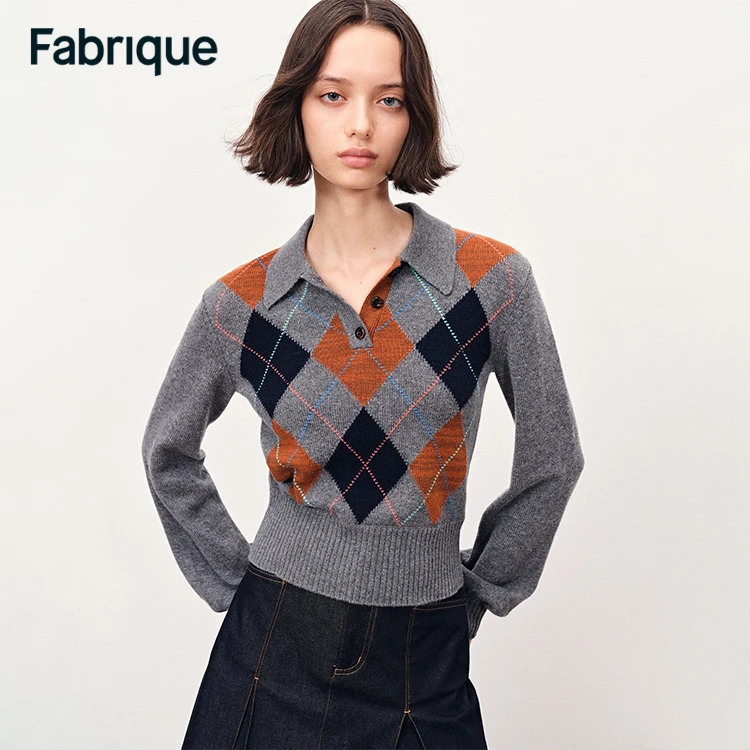 【Fabrique】 Ferdy月岩灰绵羊毛山羊绒学院风菱格Polo领针织上衣