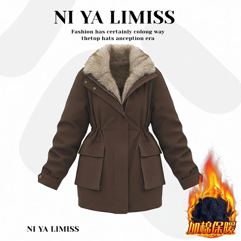 小个子拼接撞色中长款棉服女2025年冬季新款收腰遮肉长袖保暖外套