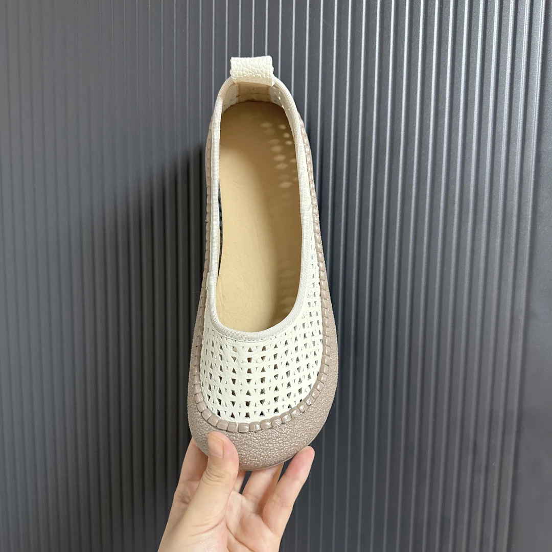 头层牛皮一脚蹬女单鞋舒适休闲平底软底妈妈夏季透气百搭洞洞鞋