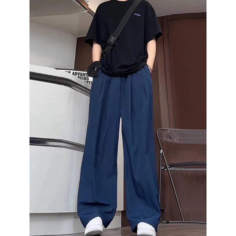 美式高腰藏蓝色山本裤男夏季多巴胺穿搭冰丝裤子松弛感宽松阔腿裤