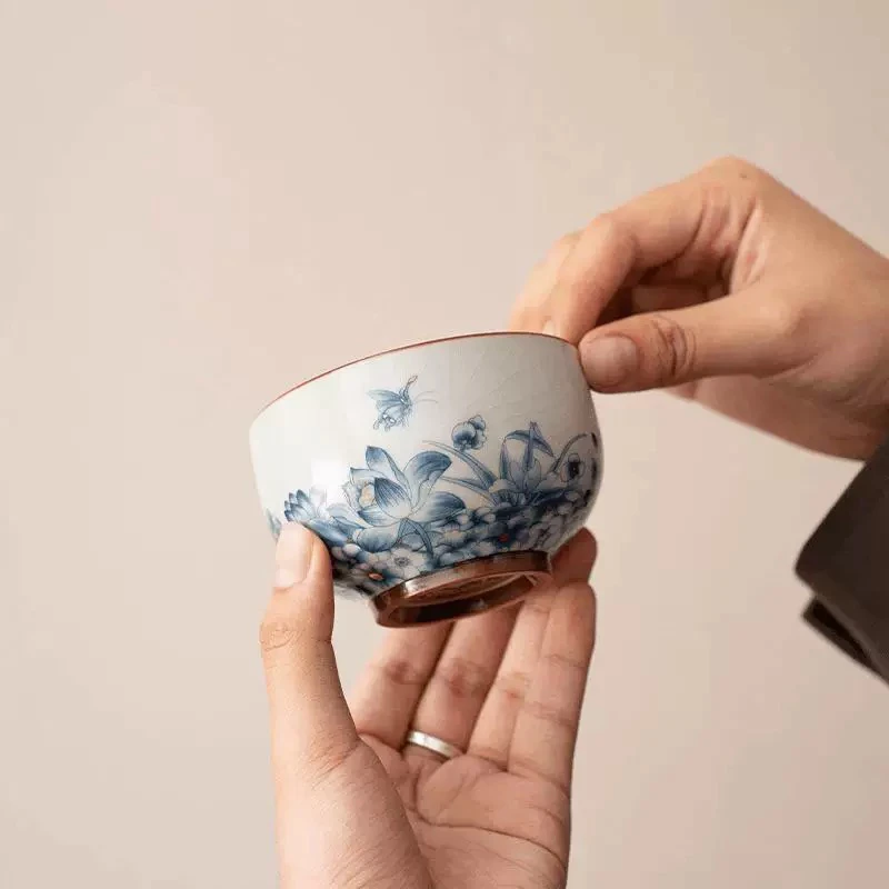 【陶野】茶杯蝶恋花铜钱主人杯高档陶瓷青花开片茶具杯子高档中式