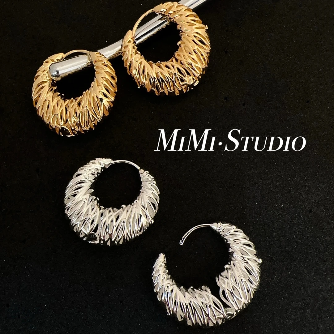 铜合金耳饰 法式复古简约编织镂空线圈耳扣