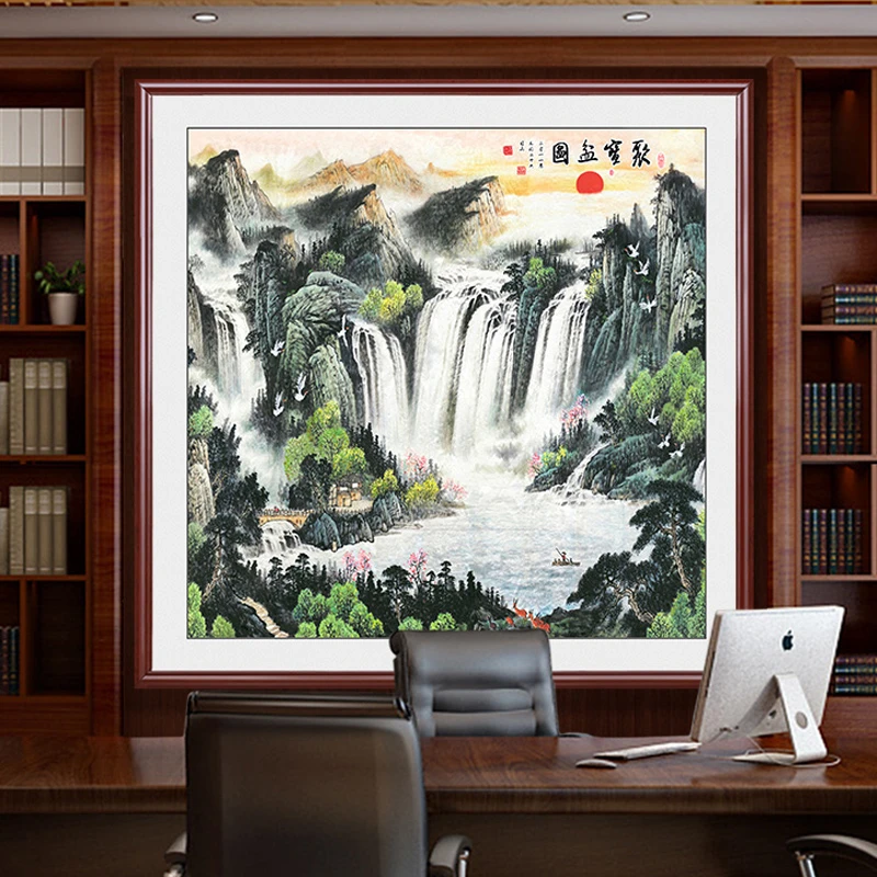 玄关画正方形聚宝盆山水画客厅鸿运当头挂画办公室装饰墙画招财画