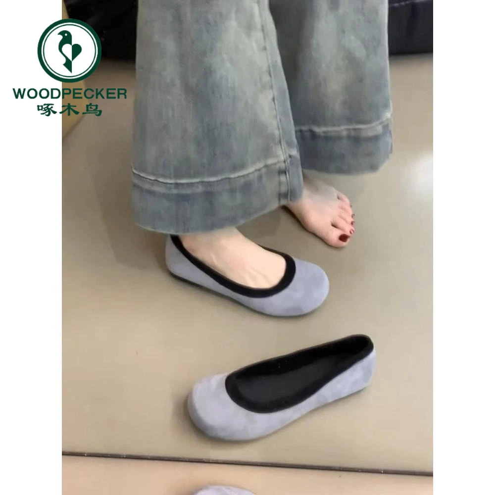 啄木鸟复古圆头芭蕾舞风浅口单鞋女鞋2025年新款平底奶奶鞋配裙子