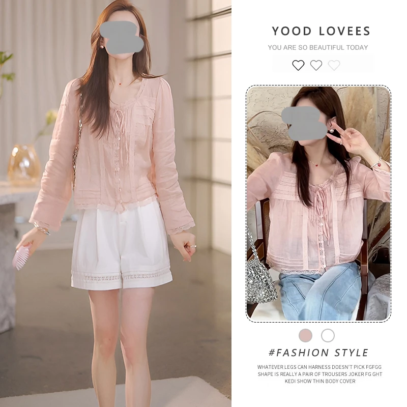 法式气质粉色衬衫上衣女2025春秋新款设计感百搭气质花边短裤套装