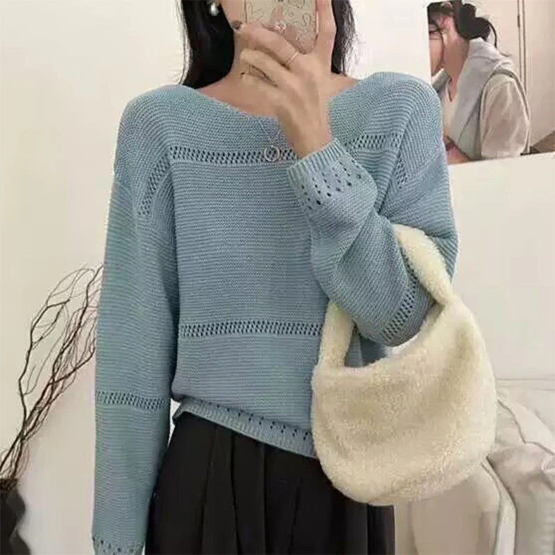 442#【雾霾蓝--圆领镂空浮雕套头】新款针织毛衣上衣毛衣女洋气百搭