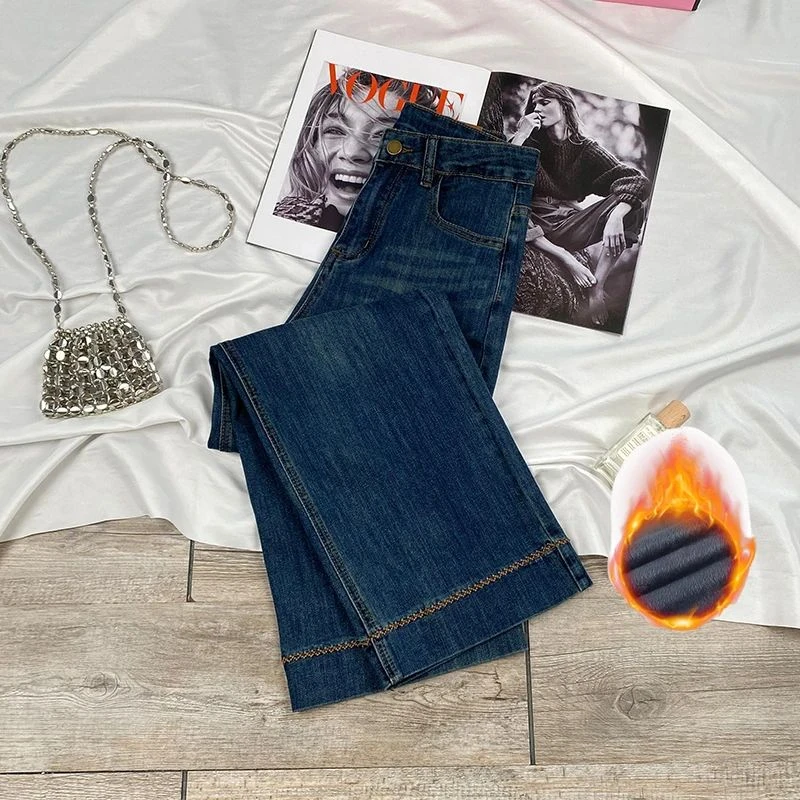 ”单裤/加绒“直筒牛仔裤女2025秋冬季新款刺绣款高腰显瘦小个子