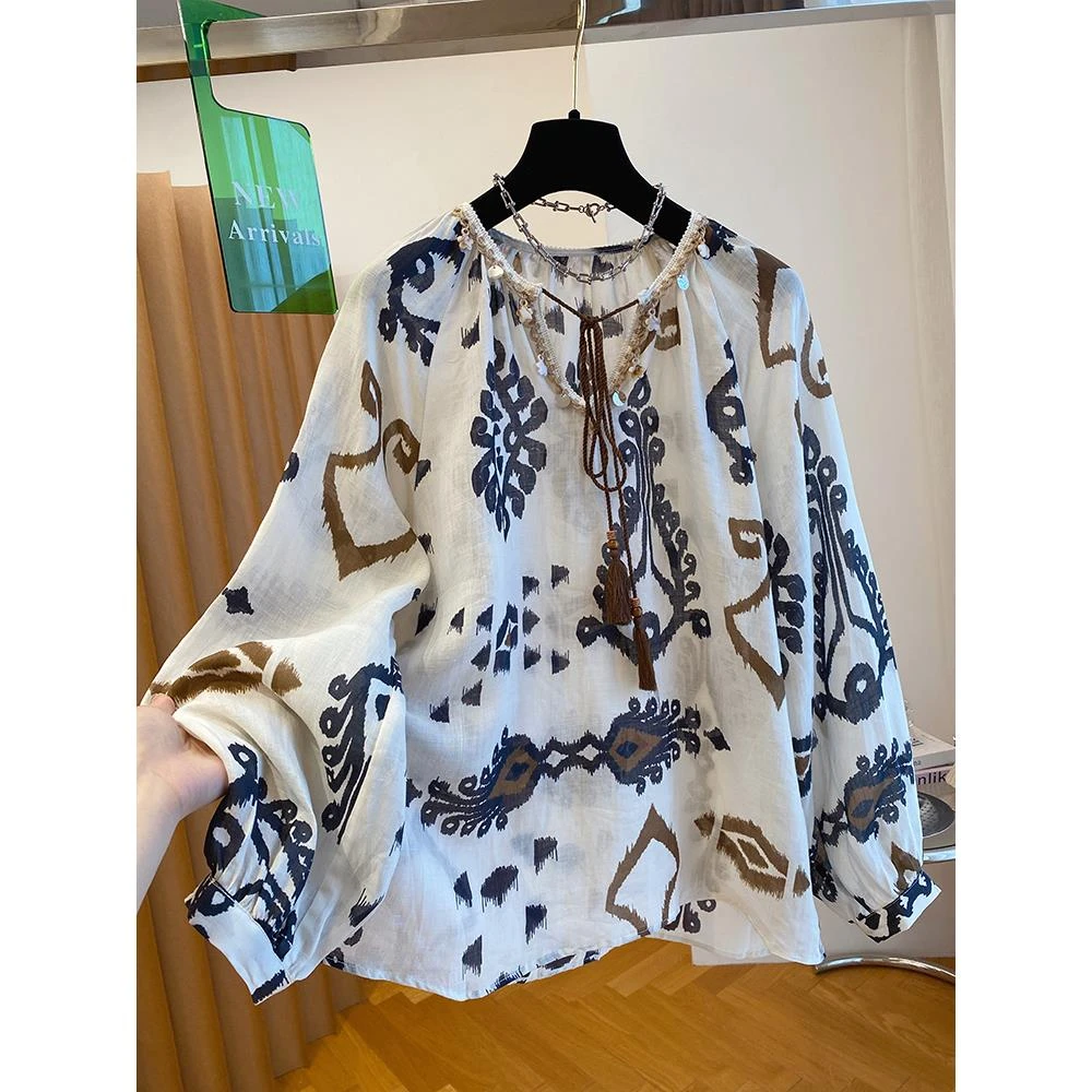 波西米亚复古度假风衬衫女夏季2025新款宽松轻薄长袖防晒上衣