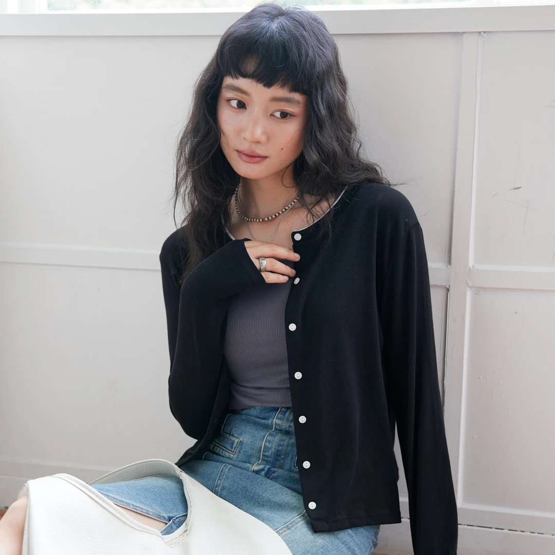 天丝修身拼接百搭显瘦秋冬女针织开衫假两件韩版圆领宽松休闲上衣