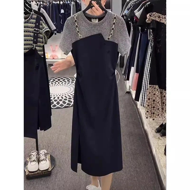 2025夏季新款韩系双肩设计拼接假两件连衣裙收腰显瘦开叉连衣裙女