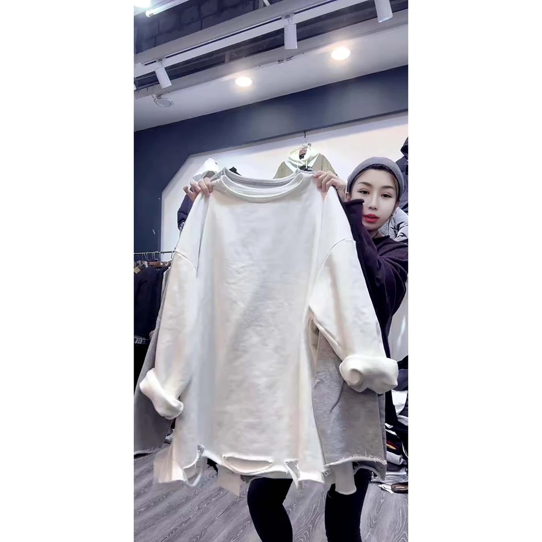 韩版时尚宽松大版慵懒风破洞下摆净版长袖卫衣