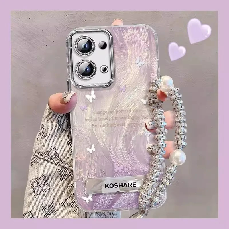 渐变紫蝴蝶适用opporeno14pro手机壳女新款12防摔带挂绳镜头全包