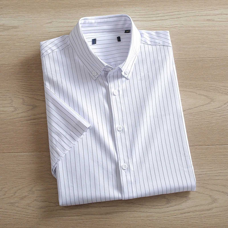 舒适易打理H系撤柜男装白色竖条纹短袖衬衫男款夏季薄款休闲寸衫