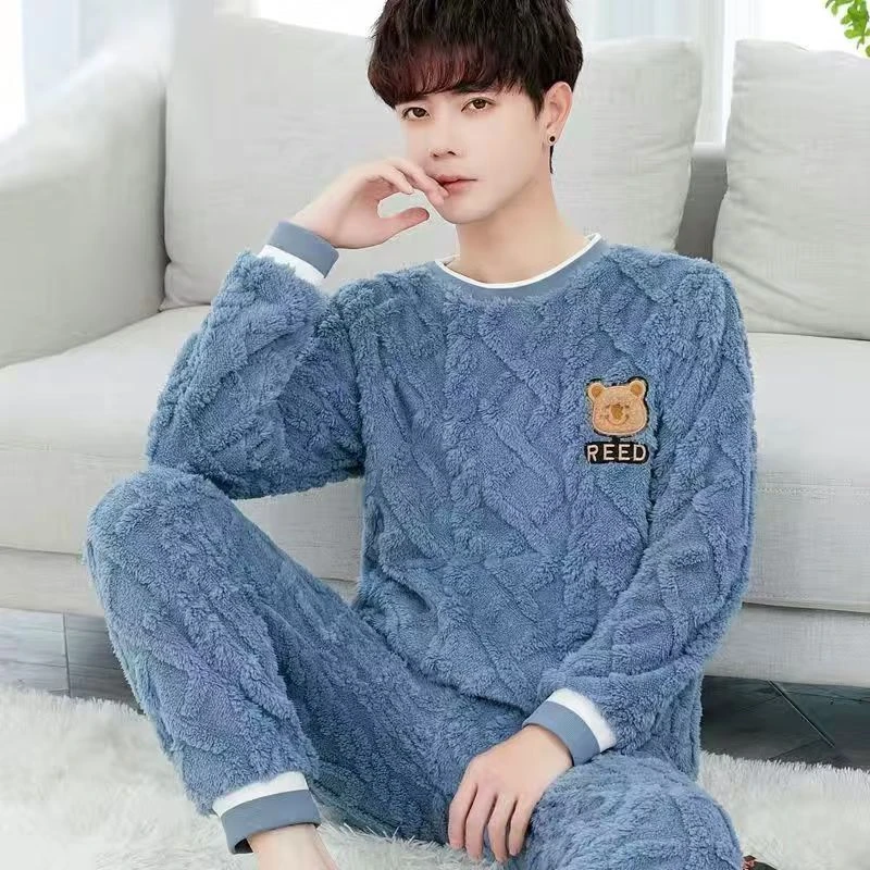秋冬新款珊瑚绒睡衣男加大加肥宽松加绒加厚保暖法兰绒家居服套装