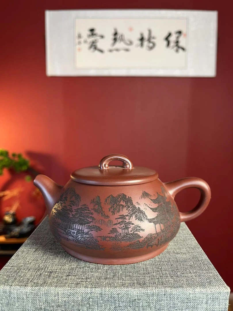 龙血砂山水亦瓢全手工紫砂壶