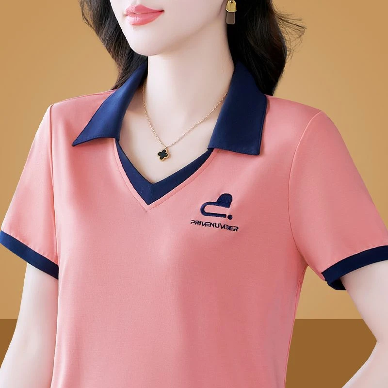 814粉色短袖t恤女夏季polo衫妈妈气质宽松翻领上衣潮半截袖薄