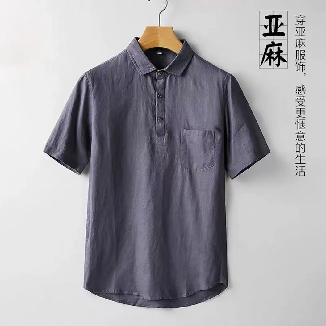 七分袖夏季新款男式亚麻休闲衬衫简约套头衫翻领麻衬衣男士上衣