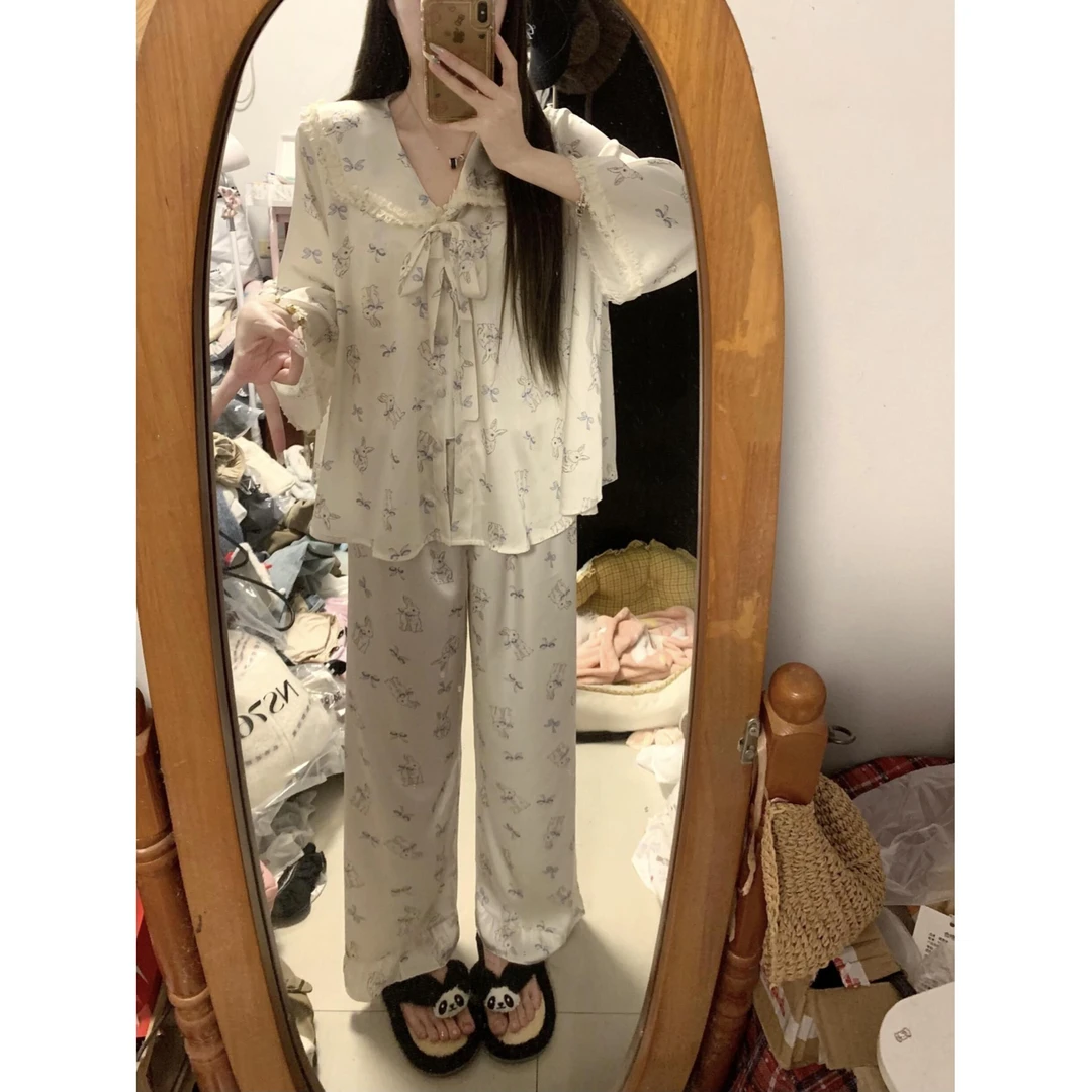 娃娃领Kitty冰丝约会睡衣女春秋款新款长袖长裤家居服套装可外穿