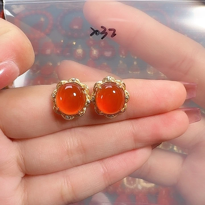 南红玛瑙银S925镶嵌耳饰