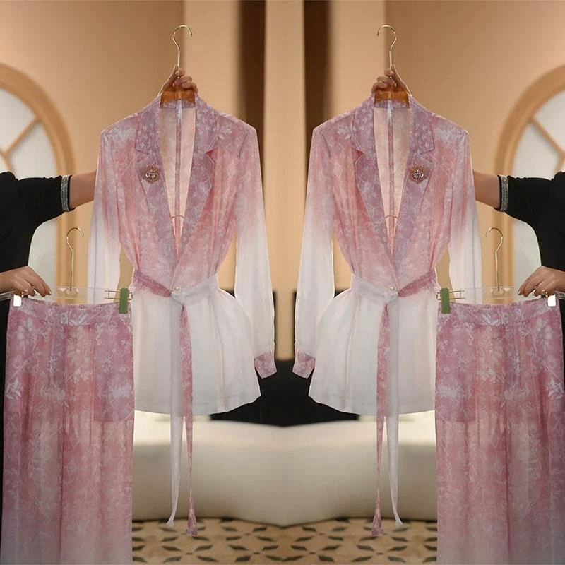 爆款夏季新款镂空防晒西服套装女高级感渐变粉色显瘦外套+阔腿裤