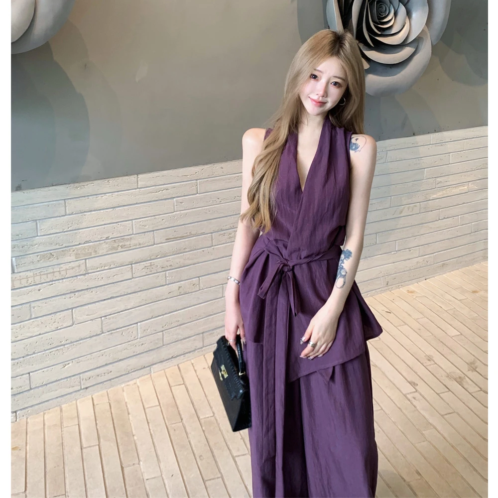 法式温柔风气质显瘦紫色v领挂脖绑带上衣阔腿裤辣妹高级感两件套