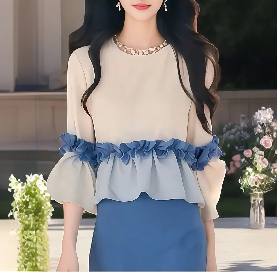 独特别致拼接荷叶边夏季2025年新款设计感小众百搭绝美气质衬衫女