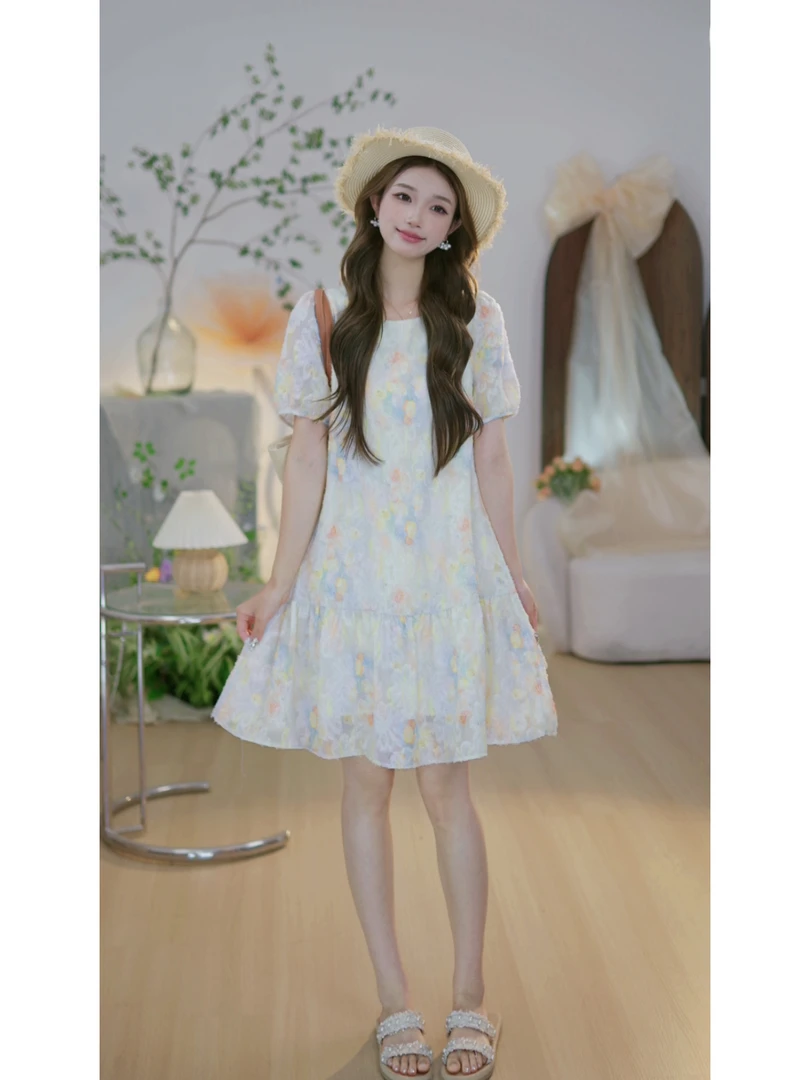 【梦幻仙境N1】拼接慵懒风梦幻晕染短袖连衣裙法式显瘦遮肉中长裙