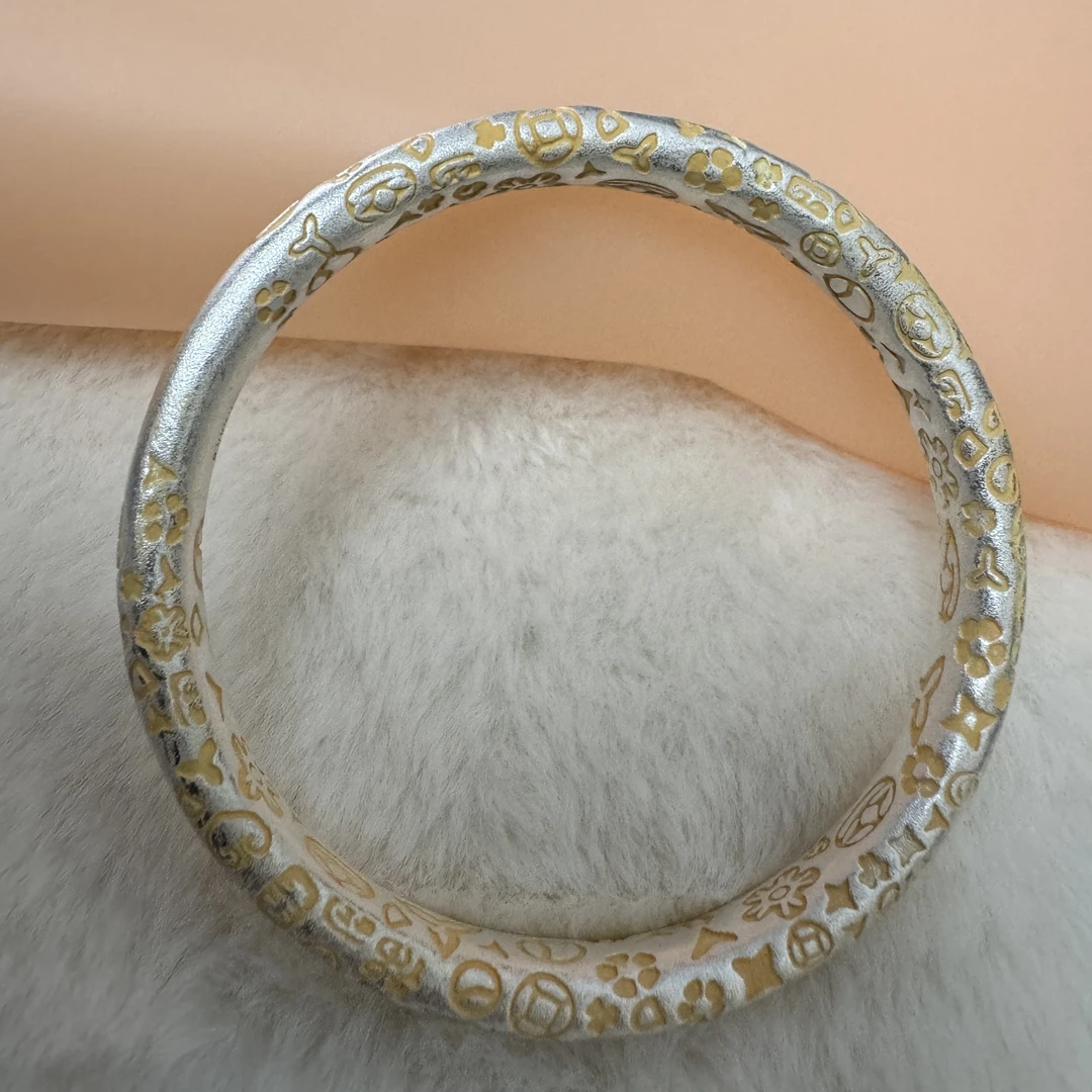 足银手镯 A31古法吉言描金轻奢精致磨砂大克重手镯
