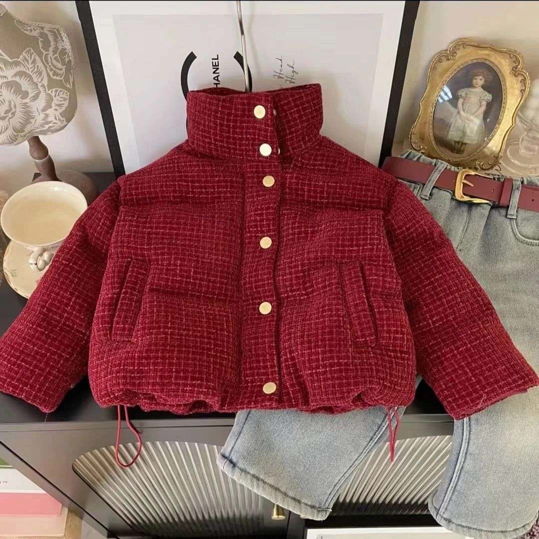 小黄鸭女童秋冬棉服2025新款洋气儿童韩版休闲加绒加厚女孩红色新