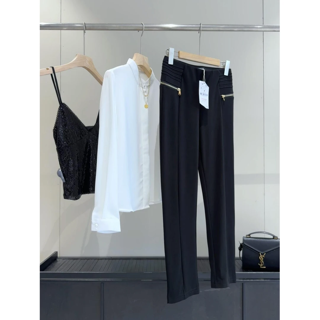 高腰九分裤女显瘦修身休闲裤弹力小黑裤铅笔裤百搭拉链女裤