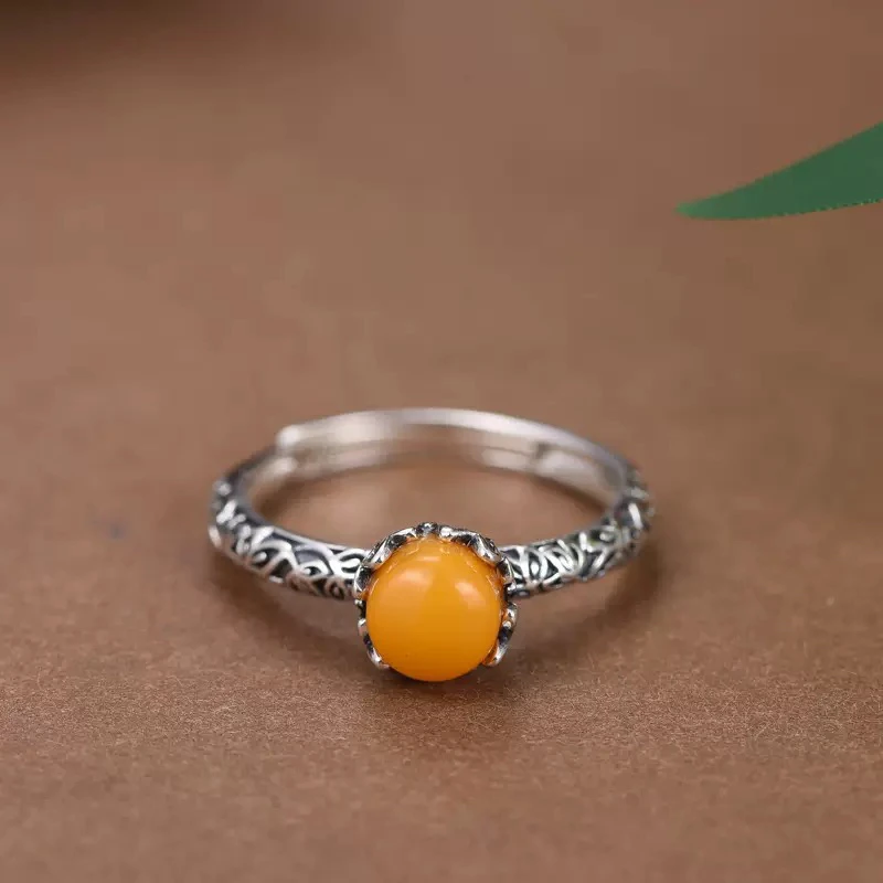 s925银蜜蜡戒指女款开口复古指环小众复古个性简约