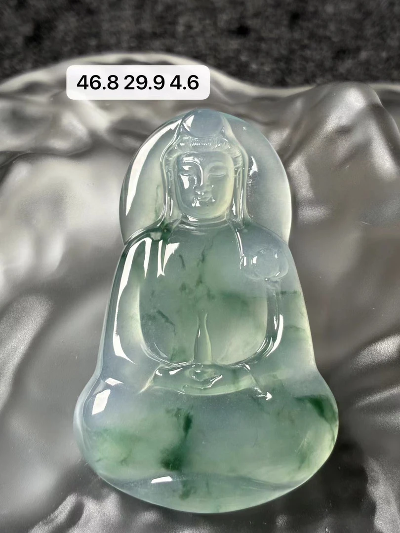 天然a货缅甸翡翠高冰飘蓝彩素衣观音吊坠