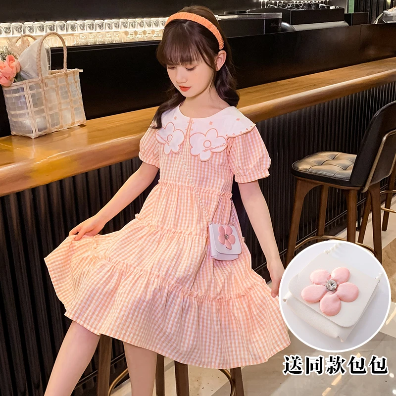 女童夏装连衣裙2025新款中大儿童洋气短袖格子娃娃领棉布公主裙子