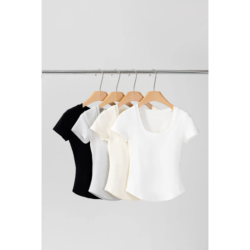 【锦衣服饰】6602 U领纯色百搭T恤短袖